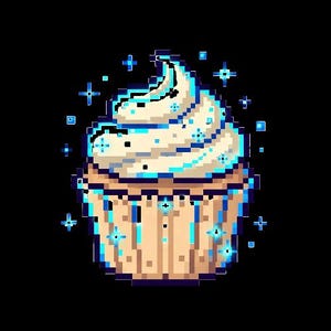 May include: A pixel art cupcake illustration featuring a tan paper liner and a swirl of white frosting. The entire image is outlined in a glowing blue light and surrounded by small, bright blue four-pointed star sparkles.