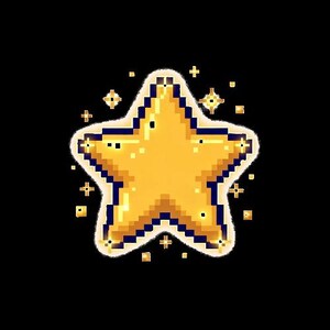 May include: A pixel art illustration of a five-pointed star in shades of yellow and gold. The star features a dark blue outline, a light yellow inner glow, and small white highlights. Several tiny, glowing yellow plus-shaped sparkles surround it.
