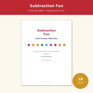 May include: A printable math worksheet titled Subtraction Fun, featuring the subtitle Take It Away, Math Star. The page displays a row of nine colorful stars, text describing cross-out picture math, and a line for a name.