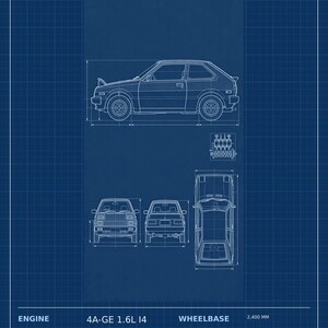 Może przedstawiać: Niebieski plan techniczny zatytułowany AE86 LIGHTWEIGHT HATCH z czterema widokami samochodu z lat 1983-1987. Zawiera specyfikacje silnika, pojemność 1587 cm³, 128 KM, moment obrotowy 109 lb-ft, rozstaw osi 2400 mm i wagę 940 kg.