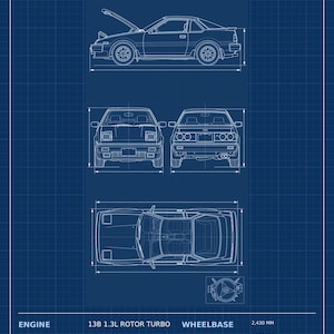 May include: A blue technical blueprint of an FC3S Rotary Turbo Coupe featuring side, front, rear, and top views. The print includes technical specifications such as a 13B 1.3L rotor turbo engine, 200 HP, 195 lb-ft of torque, and a 5-speed manual transmission.