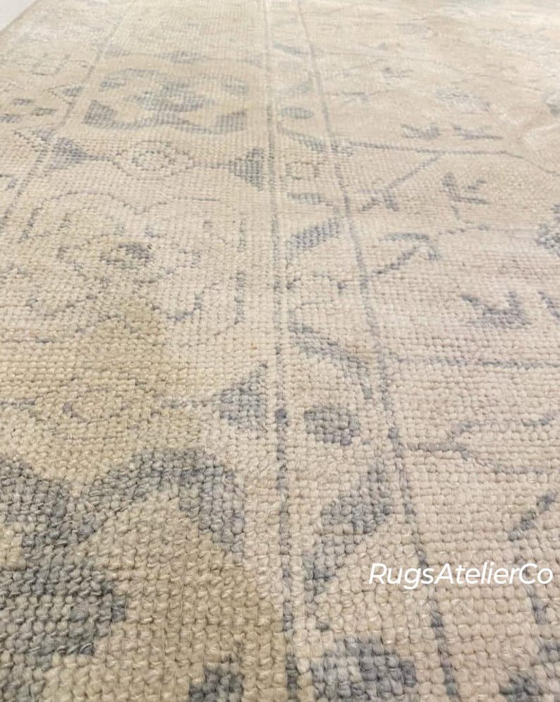 Muted Cream Grey Geometric Oushak Rug Hand Knotted Carpet High Quality ...