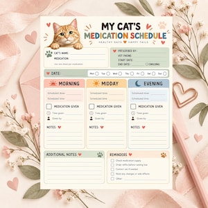 Tabela de Medicação para Gatos (Imprimida), Rastreador de Dosagem Felina, Quadro de Medicamentos para Animais de Estimação, Planejador Diário de Receitas, Cuidados Veterinários (PDF, Formato A4, Carta Americana)