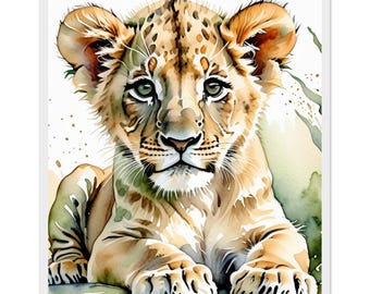 May include: A watercolor illustration of a lion cub with golden fur, dark brown spots, and large ears. The cub is shown from the front, looking directly ahead with green eyes, set against a soft, muted green and tan wash background.