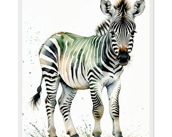 May include: A watercolor illustration of a zebra standing on a light green base. The zebra features black and white stripes with subtle green and brown watercolor washes throughout its body, a dark mane, and a black tail tuft.