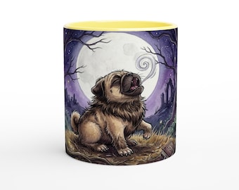 May include: A ceramic mug with a yellow interior and rim, featuring a graphic of a tan pug howling at a large full moon in a dark purple forest setting. A small book titled Lycan lies on the ground near the pug, with visible smoke swirls.