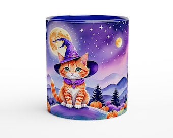May include: A ceramic mug featuring a graphic of an orange tabby kitten wearing a purple witch hat and scarf. The background depicts a night sky with a full moon, stars, and a landscape with orange pumpkins and dark blue pine trees.
