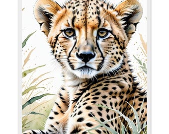 May include: A watercolor illustration of a cheetah cub with golden fur and black spots. The cub has large ears, dark tear marks under its eyes, and a focused expression. It is surrounded by soft, muted green and tan grass blades.