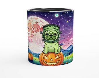 May include: A ceramic mug featuring a green pug dressed as Frankenstein's monster sitting on a large orange jack-o'-lantern. The background displays a vibrant night sky with a large full moon, purple and blue hues, and scattered stars.