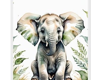 May include: A watercolor illustration of a baby elephant sitting upright, featuring large ears with soft green and brown washes, a trunk, and small tusks, surrounded by stylized green foliage on a plain white background.