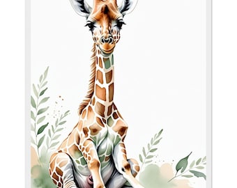May include: A watercolor-style illustration of a giraffe sitting upright, featuring a long neck, brown and tan patterned coat, and large dark eyes. The giraffe is surrounded by soft green and muted peach-colored leafy foliage.