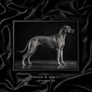 Könnte beinhalten: Ein schwarz-weiß gerahmter Kunstdruck mit dem Seitenprofil eines Rhodesian Ridgeback Hundes, der auf einer dunklen Oberfläche steht. Unter dem Bild steht der Text mauve & mauve EXCEPTIONAL ART in weißer Schrift.