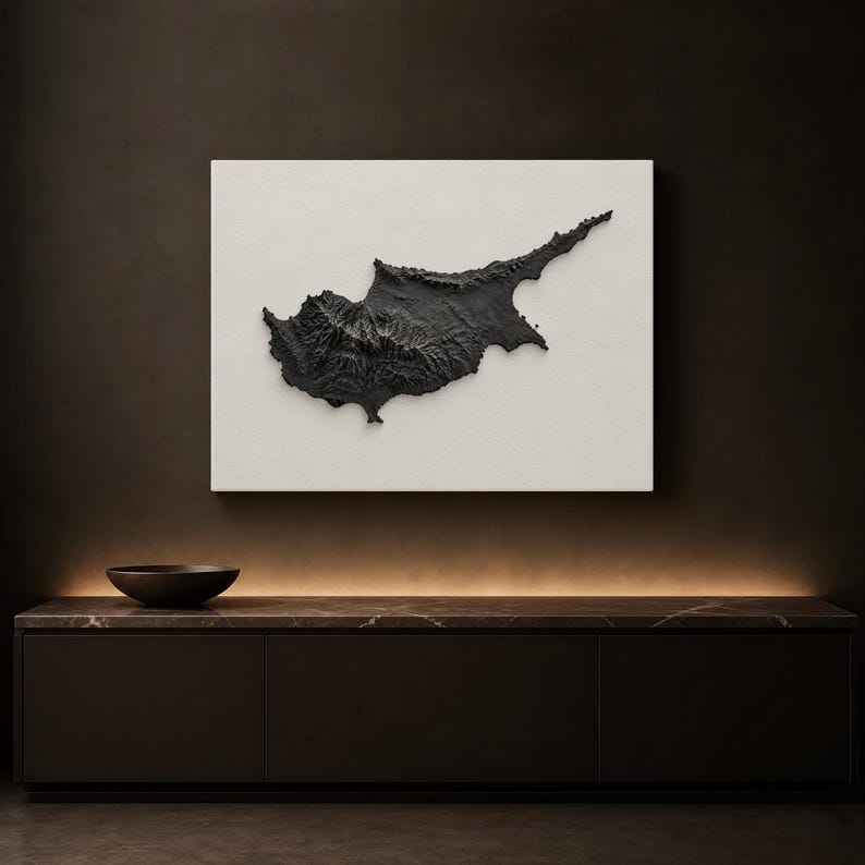 Topological Map Cyprus Cyprus Map Wall Art With Rugged Monochrome Topographic Detail - Etsy