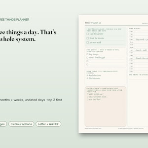May include: A digital planner page titled The Three Things Planner with sections for non-negotiables, side quests, done today, time blocks, and a focus bubble. The layout includes checkboxes and lines for daily tasks, printed on a light cream background.