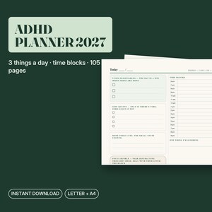 ADHD Planner Printable 2027 - Three Non-Negotiables A Day, Time Blocks, Focus Bubble - Green & Cream
