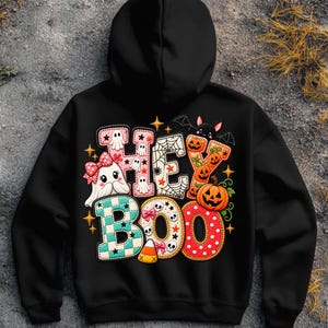 Hey Boo Halloween PNG SVG PDF, Patchwork Spook Pompoen Vleermuis, Schattig Coquette Sublimatieontwerp