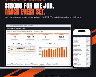May include: A digital workout tracker logbook for Excel and Google Sheets titled Full Load Strength. The interface displays a progress dashboard with charts, workout statistics, and a list of exercises on a laptop screen and a smartphone screen.