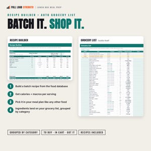May include: A digital meal prep tool featuring a Recipe Builder and Grocery List. The text reads FULL LOAD STRENGTH, BATCH IT. SHOP IT., and outlines four steps to build recipes, calculate macros, add to meal plans, and generate a categorized list.
