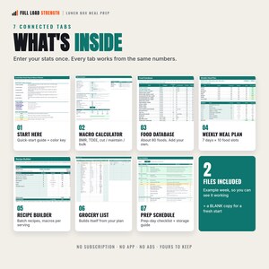 May include: A digital meal prep planner spreadsheet featuring seven connected tabs labeled Start Here, Macro Calculator, Food Database, Weekly Meal Plan, Recipe Builder, Grocery List, and Prep Schedule, with text indicating two files are included.