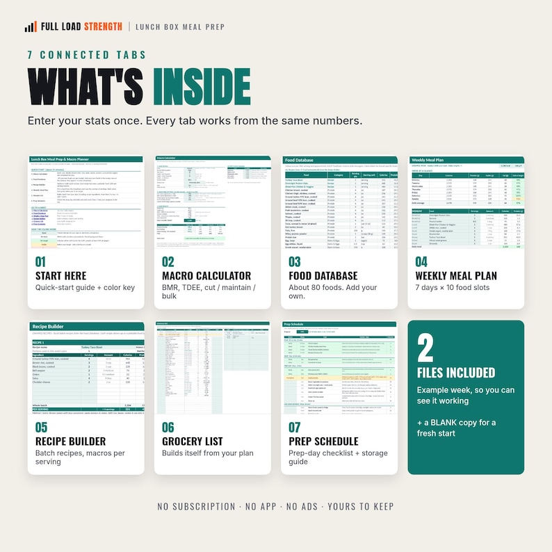 May include: A digital meal prep planner spreadsheet featuring seven connected tabs labeled Start Here, Macro Calculator, Food Database, Weekly Meal Plan, Recipe Builder, Grocery List, and Prep Schedule, with text indicating two files are included.