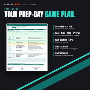 May include: A digital meal prep schedule template titled YOUR PREP-DAY GAME PLAN. The interface includes a progress tracker, a detailed task list categorized by plan, shop, prep, and refresh, plus a storage guide for fridge and freezer times.