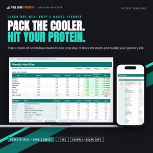 May include: A digital meal prep and macro planner spreadsheet displayed on a laptop screen and a smartphone. The interface features a weekly meal plan table with columns for calories, protein, carbs, and fat, alongside a grocery list tab.