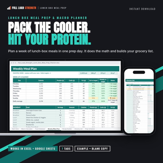 Lunch Box Meal Prep Planner | Macro Calculator, Grocery List (Digital Download)