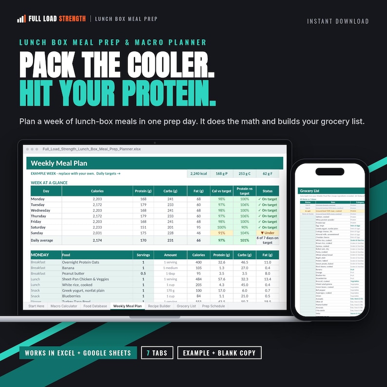 May include: A digital meal prep and macro planner spreadsheet displayed on a laptop screen and a smartphone. The interface features a weekly meal plan table with columns for calories, protein, carbs, and fat, alongside a grocery list tab.