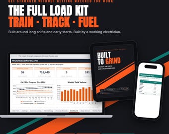 May include: The Full Load Kit includes a digital workout tracker on a laptop, a Built to Grind program guide on a tablet, and a weekly meal plan on a smartphone. The black and orange interface displays progress dashboards, charts, and meal data.