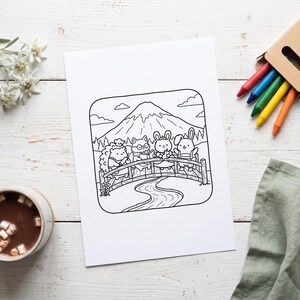 May include: A black and white coloring page featuring a line art illustration of a hedgehog, a cat, and two rabbits standing on a wooden bridge. In the background, a large mountain rises above a forest. The scene is framed within a rounded square.
