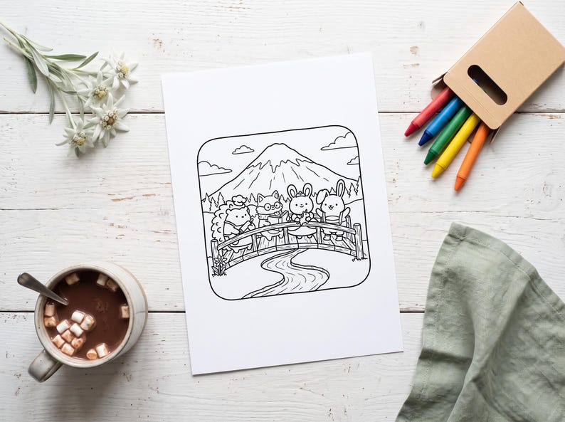 May include: A black and white coloring page featuring a line art illustration of a hedgehog, a cat, and two rabbits standing on a wooden bridge. In the background, a large mountain rises above a forest. The scene is framed within a rounded square.