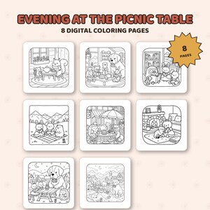 K&ouml;nnte beinhalten: Ein Set aus 8 digitalen Ausmalbildern mit dem Titel EVENING AT THE PICNIC TABLE. Jede quadratische Seite enth&auml;lt schwarz-wei&szlig;e Strichzeichnungen von anthropomorphen Tieren in verschiedenen Umgebungen, darunter Teepartys und Szenen im Freien.