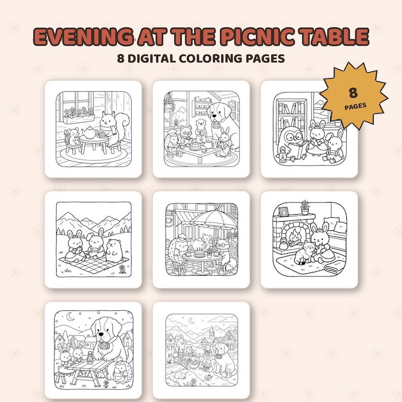 K&ouml;nnte beinhalten: Ein Set aus 8 digitalen Ausmalbildern mit dem Titel EVENING AT THE PICNIC TABLE. Jede quadratische Seite enth&auml;lt schwarz-wei&szlig;e Strichzeichnungen von anthropomorphen Tieren in verschiedenen Umgebungen, darunter Teepartys und Szenen im Freien.