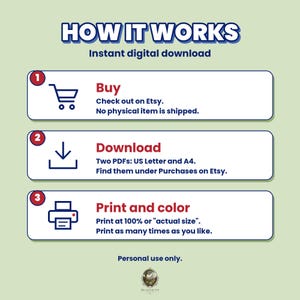 May include: An infographic titled HOW IT WORKS Instant digital download. Three numbered steps: 1. Buy, check out on Etsy, no physical item is shipped. 2. Download, two PDFs: US Letter and A4, find them under Purchases on Etsy. 3. Print and colour.