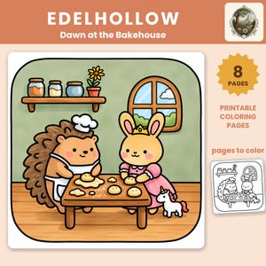 Könnte beinhalten: Ein Set aus 8 ausdruckbaren Malvorlagen mit dem Titel EDELHOLLOW Dawn at the Bakehouse. Die Illustration zeigt einen Igel mit Kochmütze und ein Kaninchen mit Krone beim Backen an einem Holztisch, dazu ein Einhorn und Küchenregale.