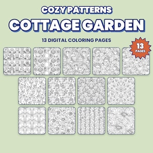 Puede incluir: Una colecci&oacute;n digital titulada COZY PATTERNS COTTAGE GARDEN 13 DIGITAL COLORING PAGES que presenta trece ilustraciones cuadradas de arte lineal en blanco y negro. Los dise&ntilde;os incluyen puertas de jard&iacute;n, abejas, setas, erizos, calabazas, linternas, gatos, flores, conejos y p&aacute;jaros en un formato de patr&oacute;n repetitivo.