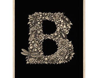 May include: A framed wall art print featuring the letter B formed by intricate botanical illustrations of flowers, leaves, and various insects including a dragonfly, a wasp, and beetles, all rendered in cream tones against a solid black background.