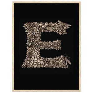May include: A framed wall art print featuring the letter E composed of intricate botanical and insect illustrations in shades of cream and beige against a solid black background. The letter is formed by various flowers, leaves, and bugs.