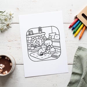 K&ouml;nnte beinhalten: Eine schwarz-wei&szlig;e Malvorlage mit einem Kaninchen mit Krone und einer Katze, die zusammen auf einem Teppich vor einem Kamin sitzen. Die Szene zeigt eine kleine Pflanze auf dem Kaminsims, einen Teekessel und ein kleines Spielzeug in der Hand des Kaninchens.