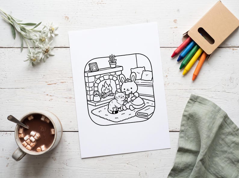 K&ouml;nnte beinhalten: Eine schwarz-wei&szlig;e Malvorlage mit einem Kaninchen mit Krone und einer Katze, die zusammen auf einem Teppich vor einem Kamin sitzen. Die Szene zeigt eine kleine Pflanze auf dem Kaminsims, einen Teekessel und ein kleines Spielzeug in der Hand des Kaninchens.