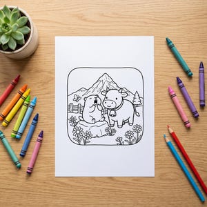May include: A white coloring page featuring a black and white line art illustration of a marmot sitting on a rock next to a cow wearing a bell, with mountains and flowers in the background, surrounded by several colorful wax crayons.