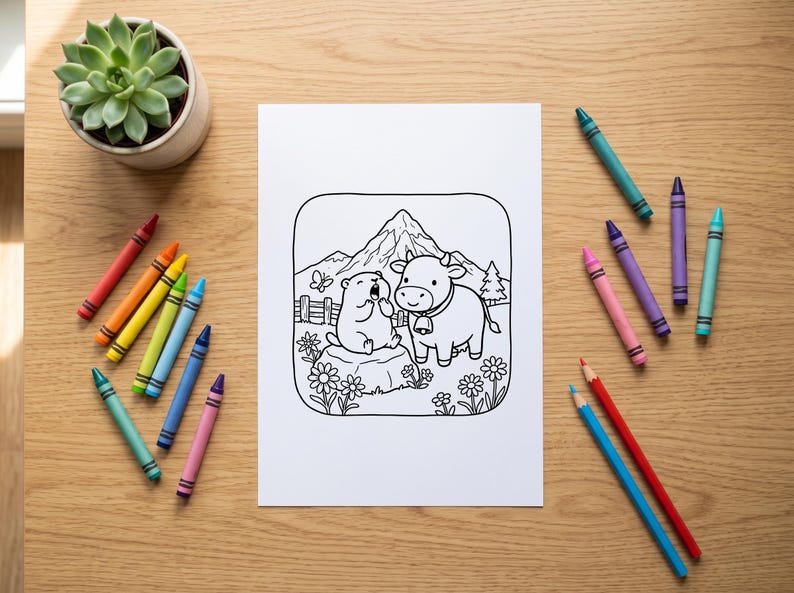 May include: A white coloring page featuring a black and white line art illustration of a marmot sitting on a rock next to a cow wearing a bell, with mountains and flowers in the background, surrounded by several colorful wax crayons.