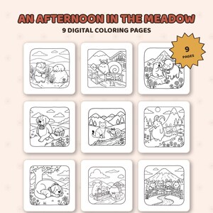 May include: A set of nine digital coloring pages titled AN AFTERNOON IN THE MEADOW. Each square page features black and white line art illustrations of various animals in outdoor settings, including a snail, dog, cat, and goat.