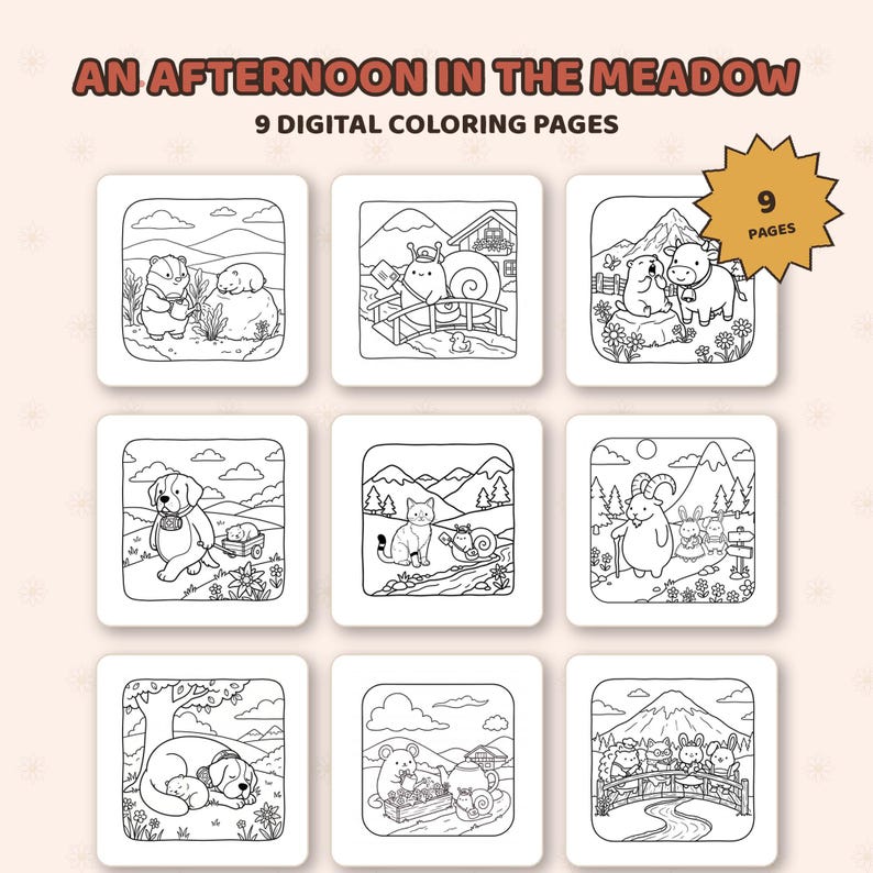 May include: A set of nine digital coloring pages titled AN AFTERNOON IN THE MEADOW. Each square page features black and white line art illustrations of various animals in outdoor settings, including a snail, dog, cat, and goat.