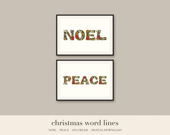 Può includere: Due stampe da parete incorniciate con le parole NOEL e PEACE in lettere maiuscole. Le lettere sono riempite con un motivo floreale colorato di fiori e foglie rosse, verdi e gialle su uno sfondo bianco uniforme.