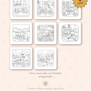 K&ouml;nnte beinhalten: Ein Set aus 8 digitalen Ausmalbildern mit dem Titel Evening at the Picnic Table, bestehend aus schwarz-wei&szlig;en Strichzeichnungen von anthropomorphen Tieren in verschiedenen Szenen, darunter Picknicks, gem&uuml;tliche Innenr&auml;ume und Berglandschaften.