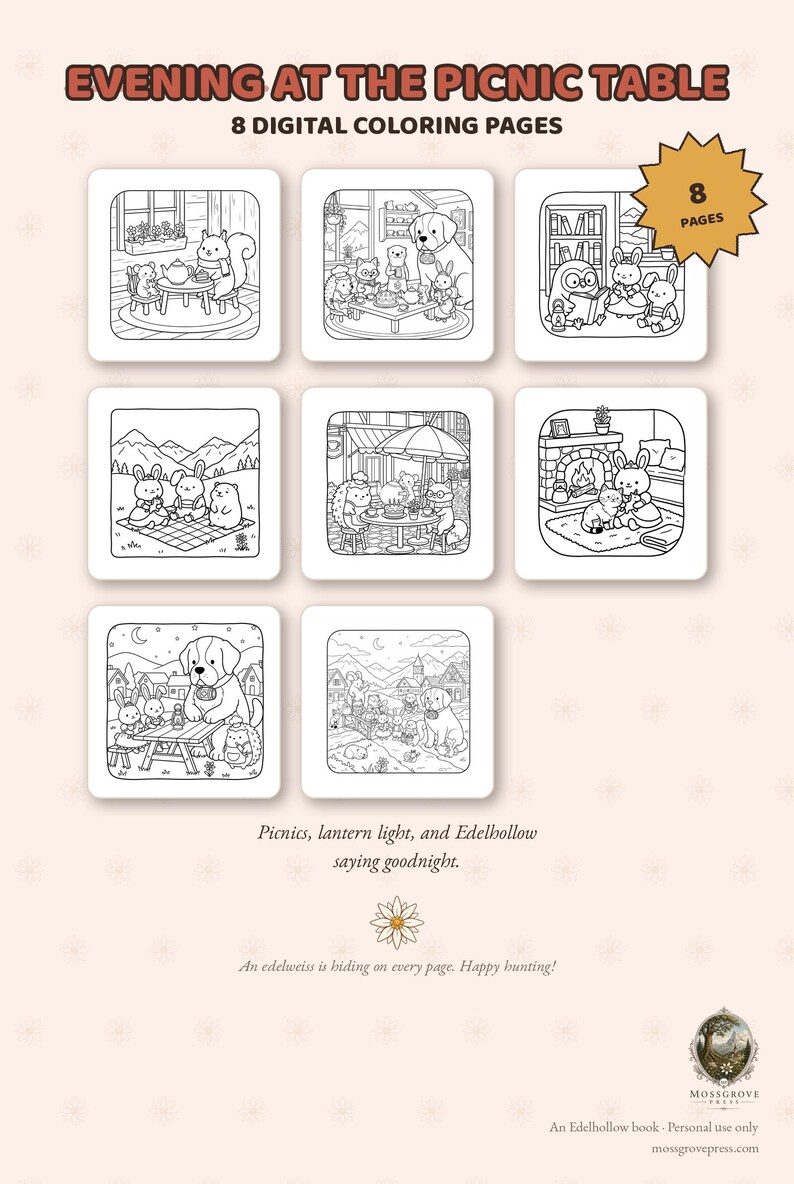 K&ouml;nnte beinhalten: Ein Set aus 8 digitalen Ausmalbildern mit dem Titel Evening at the Picnic Table, bestehend aus schwarz-wei&szlig;en Strichzeichnungen von anthropomorphen Tieren in verschiedenen Szenen, darunter Picknicks, gem&uuml;tliche Innenr&auml;ume und Berglandschaften.