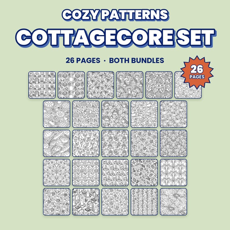 May include: A digital coloring book set titled COZY PATTERNS COTTAGECORE SET, featuring 26 pages across both bundles. The image displays a grid of 26 individual square black and white line art patterns, each showcasing intricate designs of nature and home.