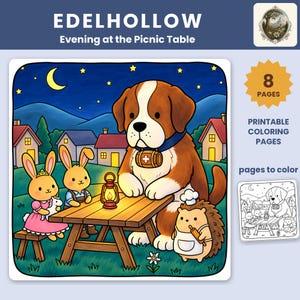K&ouml;nnte beinhalten: Eine digitale Illustration mit dem Titel EDELHOLLOW Evening at the Picnic Table, die einen Bernhardiner, zwei Hasen und einen Igel an einem Holztisch unter einem Nachthimmel zeigt. Enth&auml;lt 8 druckbare Ausmalbilder mit Linienkunst.