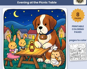 May include: A digital illustration titled EDELHOLLOW Evening at the Picnic Table featuring a St. Bernard dog, two rabbits, and a hedgehog at a wooden table under a night sky. Includes 8 pages of printable coloring pages with line art.